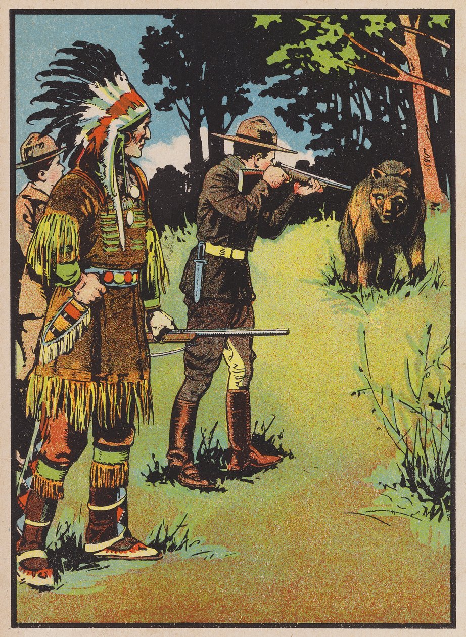 Boy scout apuntando con un rifle a un oso (litografía en color) de English School