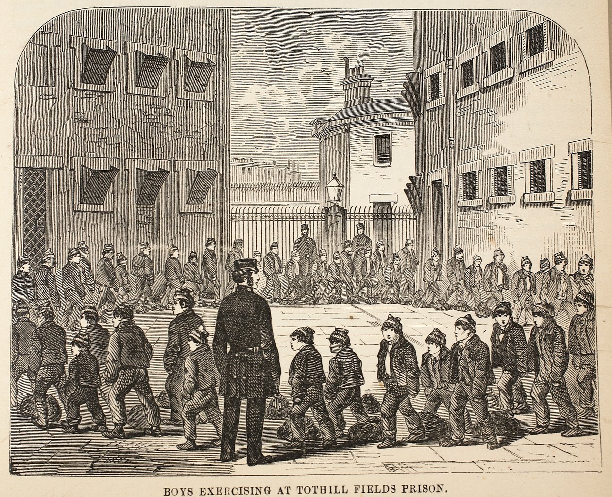 Niños ejercitándose en la prisión de Tothill Fields, ilustración de Las prisiones criminales de Londres y escenas de la vida en prisión de Henry Mayhew y John Binny, pub. 1862 de English School