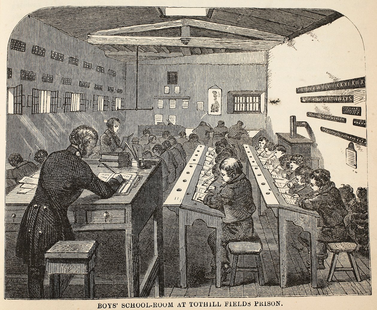 Sala de escuela de niños en la prisión de Tothill Fields, ilustración de Las prisiones criminales de Londres y escenas de la vida en prisión de Henry Mayhew y John Binny, pub. 1862 de English School