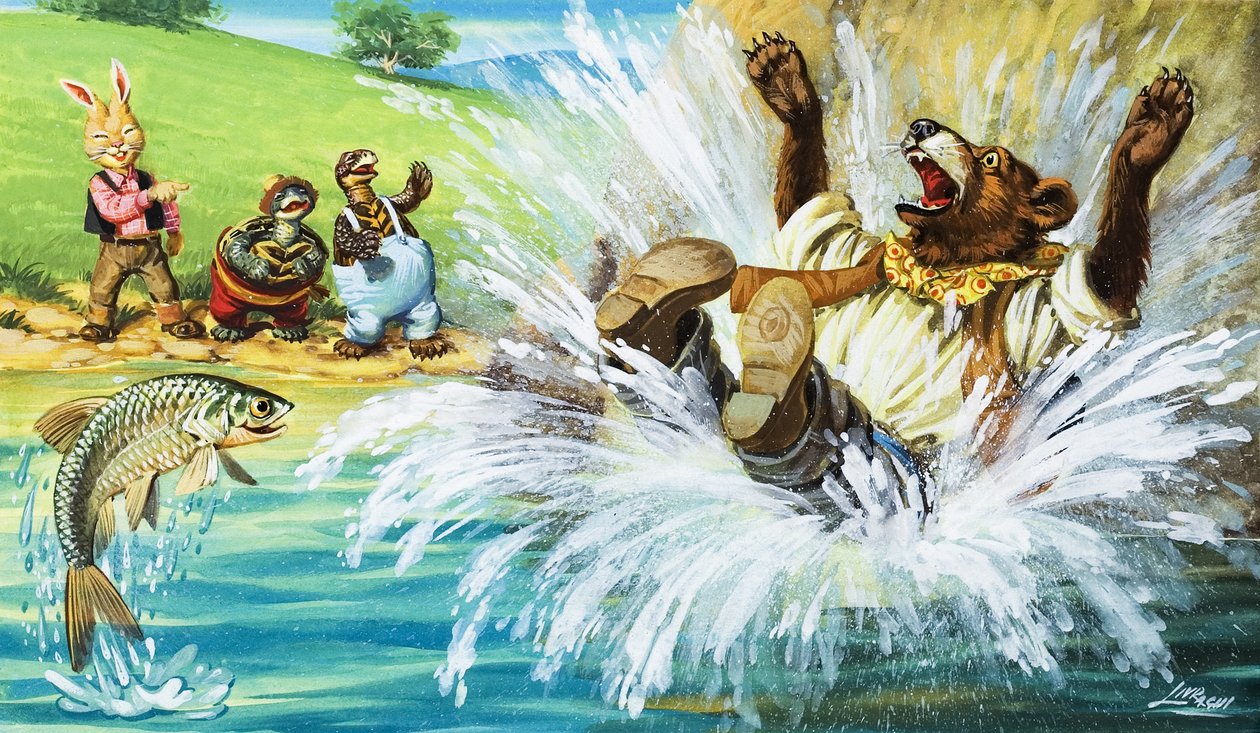 Oso Brer cayendo al río (gouache sobre papel) de English School