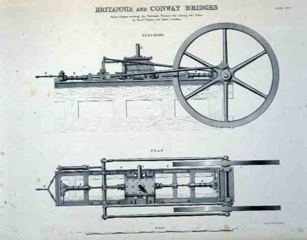 Puentes de Britannia y Conway: Máquina de vapor trabajando las prensas hidráulicas para levantar los tubos, por Messrs Easton y Amos de Londres de English School