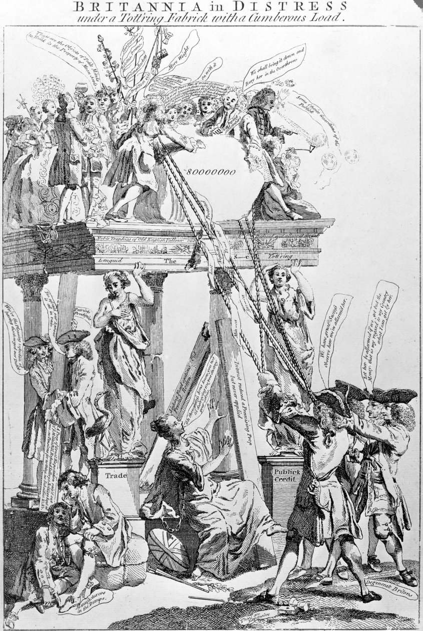 Britannia en Apuros Bajo una Estructura Tambaleante con una Carga Pesada, circa 1756 de English School