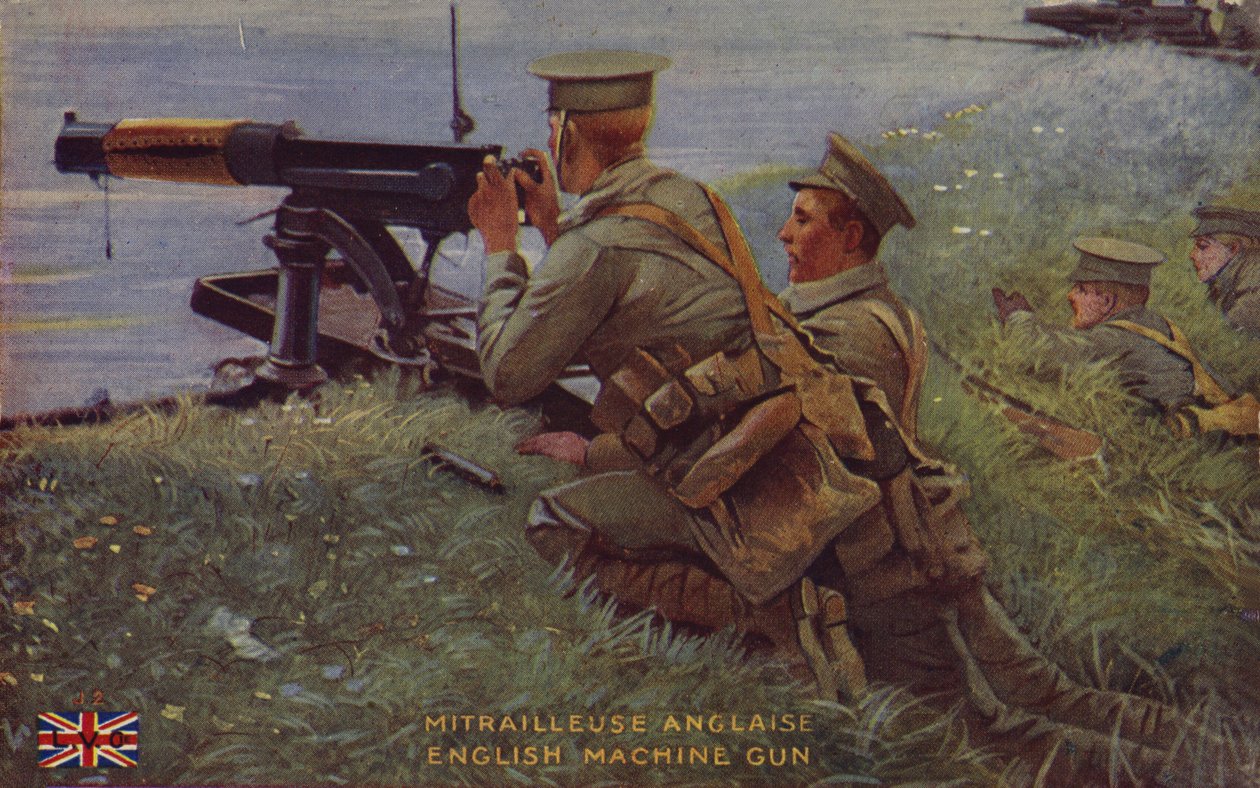 Ametralladora británica, Primera Guerra Mundial (litografía en color) de English School