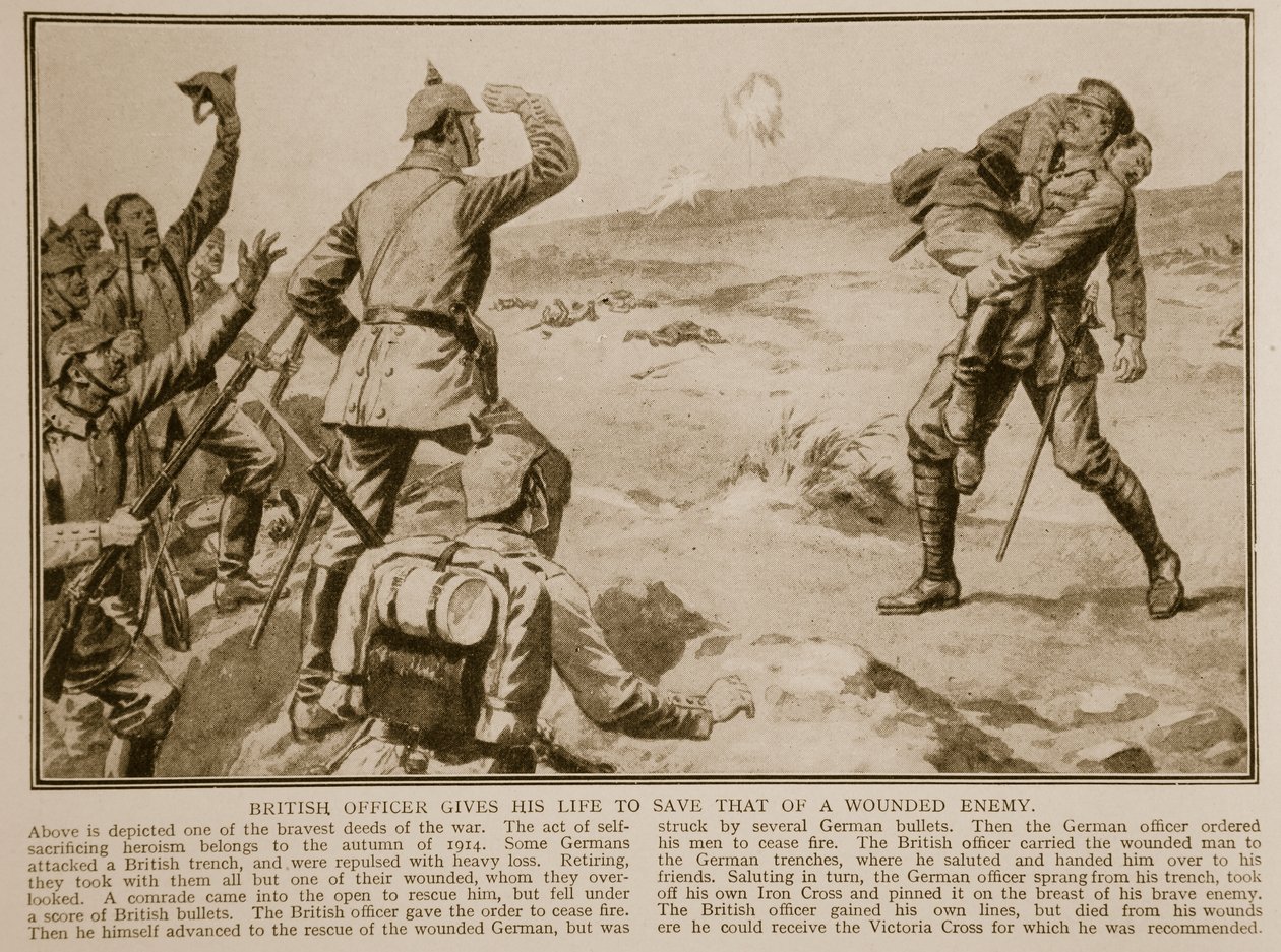 Oficial británico da su vida para salvar a un enemigo herido, 1914-19 de English School