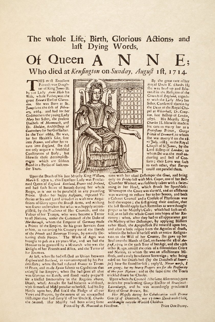 Hoja suelta publicada por la muerte de la Reina Ana, el domingo 1 de agosto de 1714 de English School