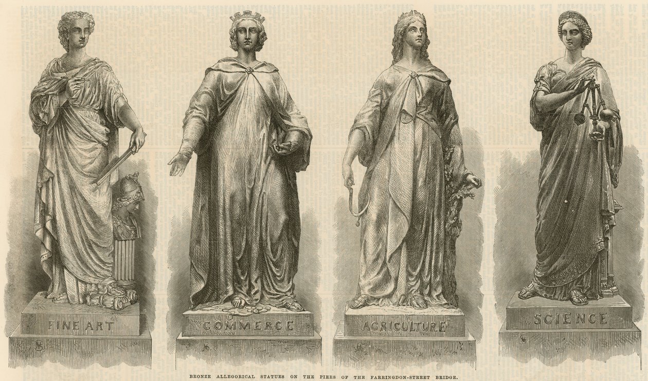 Estatuas alegóricas de bronce en los pilares del puente de Farringdon Street (grabado) de English School