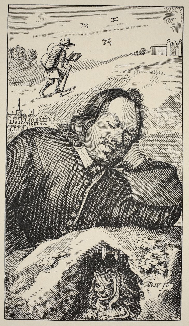 El sueño de Bunyan, frontispicio de The Pilgrims Progress por John Bunyan (1628-88), 4ª edición, pub. 1680 de English School