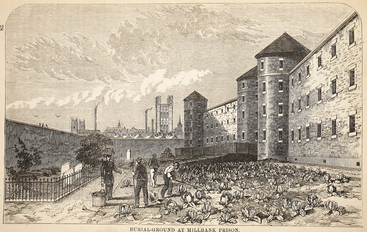 Cementerio en la prisión de Millbank, ilustración de Las prisiones criminales de Londres y escenas de la vida en prisión de Henry Mayhew y John Binny, pub. 1862 de English School