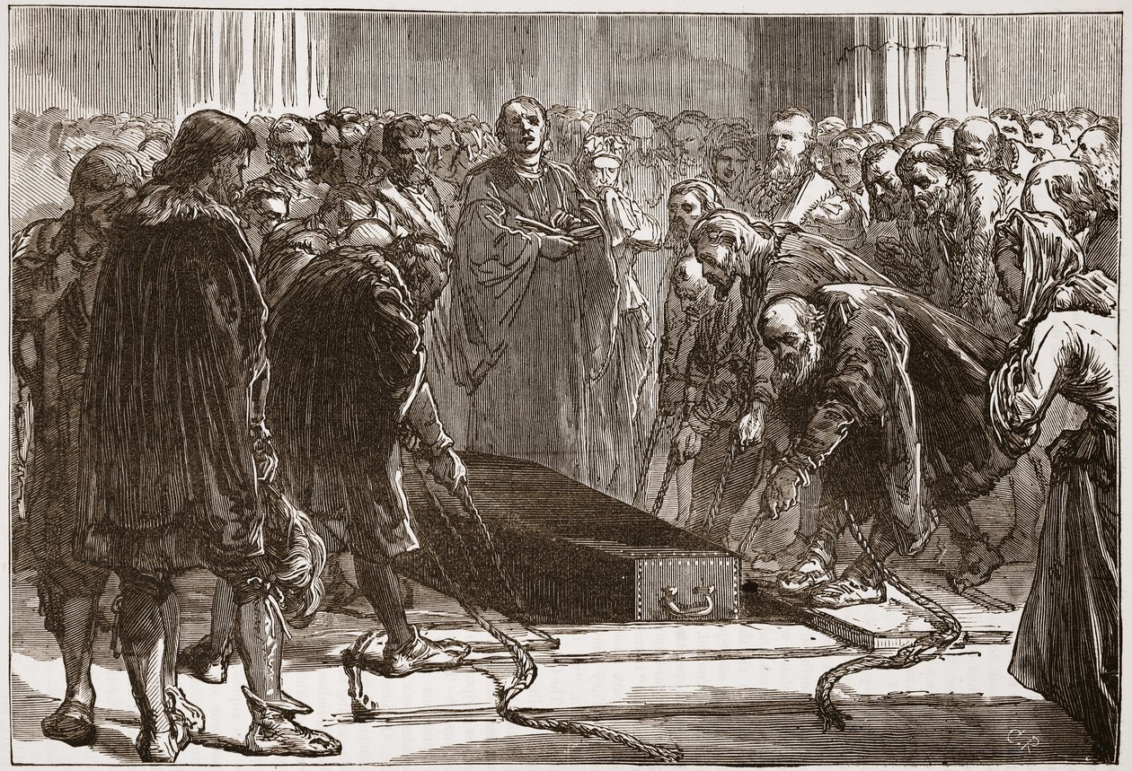 Entierro de Lutero en la Schloss-Kirk, Wittemberg, ilustración de La Historia del Protestantismo de James Aitken Wylie, pub. 1878 de English School