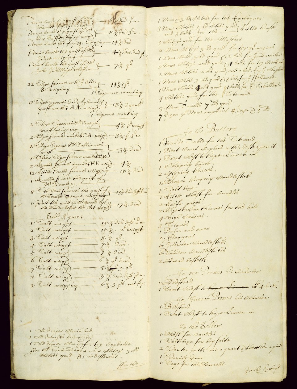 Libro Largo de los Bursars, mostrando un inventario comenzando en 1631 de English School