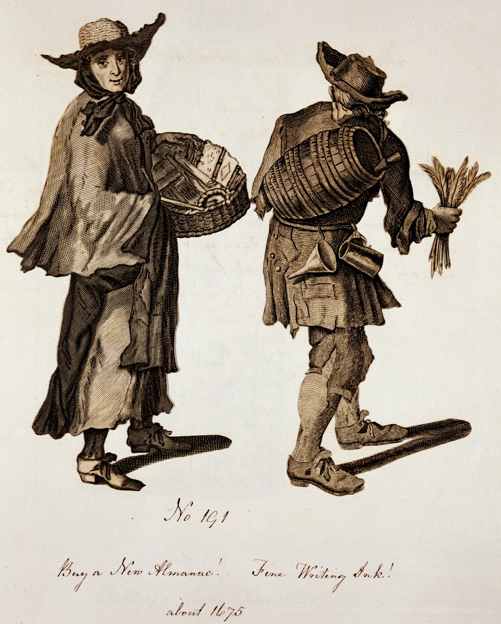 ¡Compre un nuevo almanaque! ¡Tinta de escritura fina!, ilustración de vendedores ambulantes alrededor de 1675 de English School