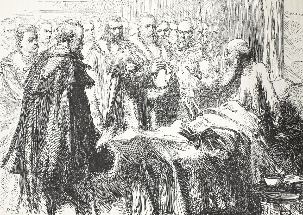 Calvino dirigiéndose al Consejo por última vez, ilustración de La Historia del Protestantismo de James Aitken Wylie, pub. 1878 de English School