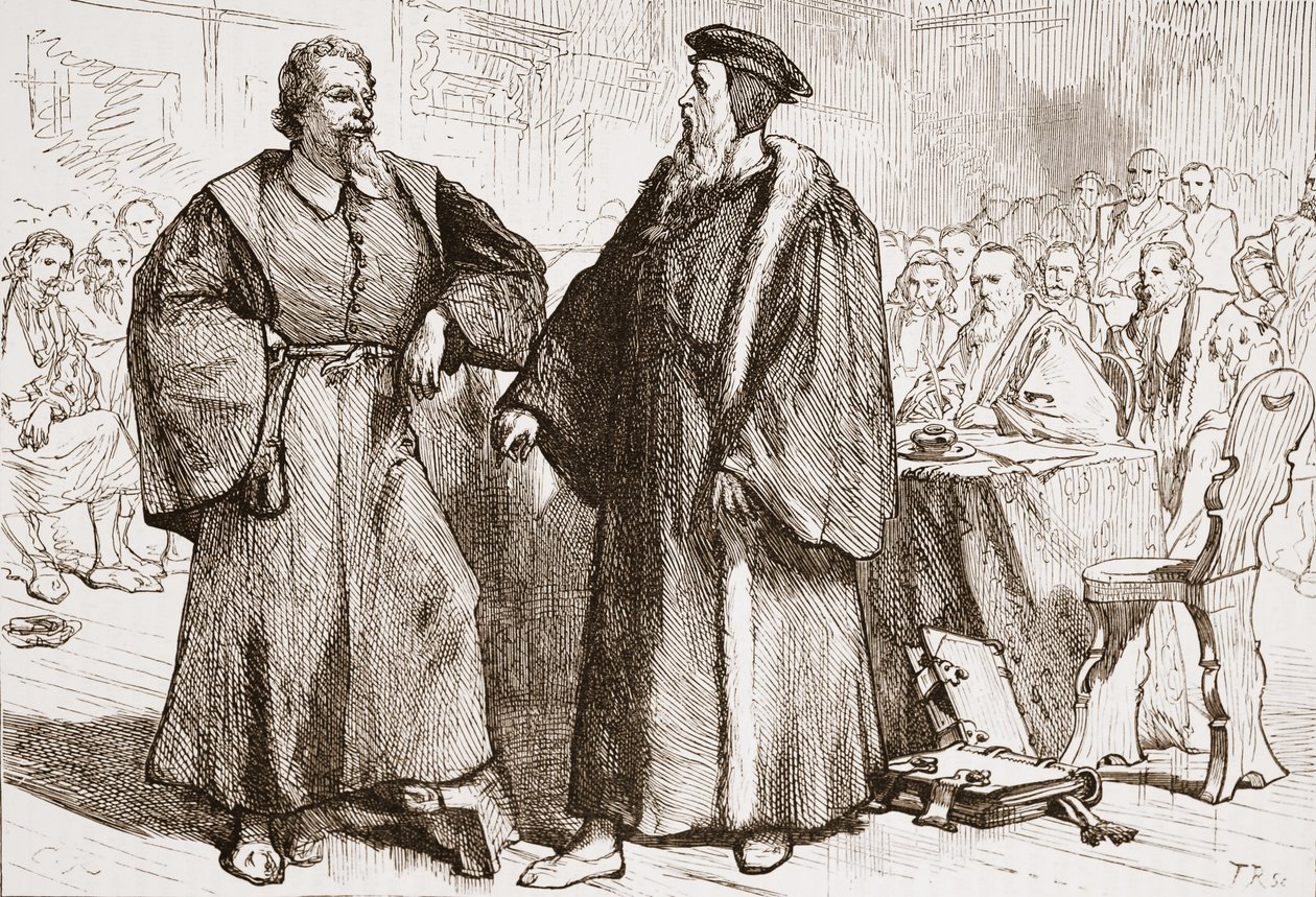 Calvino y Servet ante el Consejo de Ginebra, ilustración de La Historia del Protestantismo de James Aitken Wylie, pub. 1878 de English School