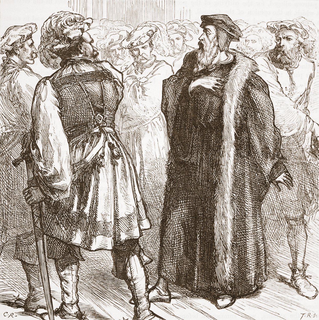 Calvino ante sus enemigos en el Consejo, ilustración de La Historia del Protestantismo de James Aitken Wylie, pub. 1878 de English School