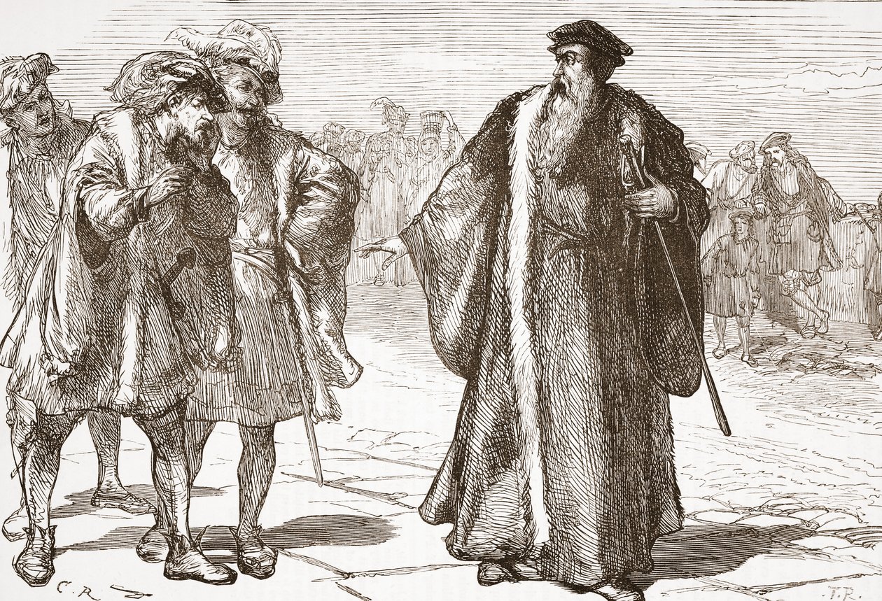 Calvino insultado por los libertinos en el puente del Ródano, ilustración de La Historia del Protestantismo de James Aitken Wylie, pub. 1878 de English School