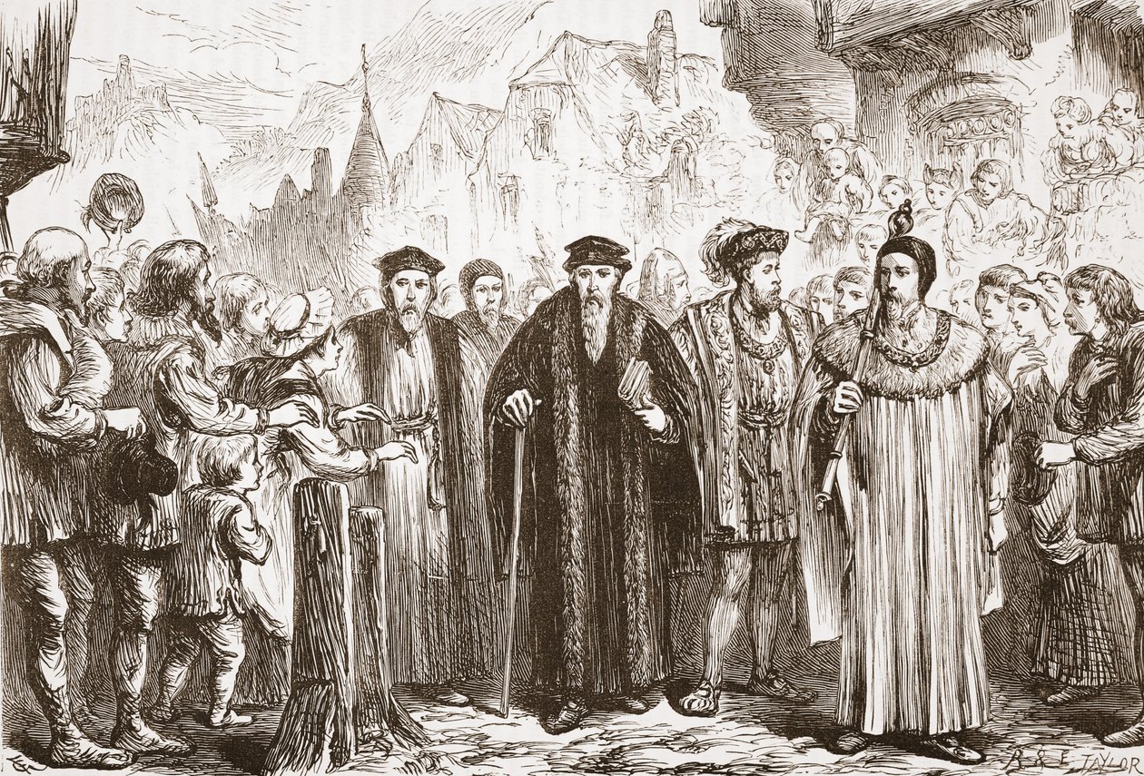 Calvino reingresa a Ginebra, ilustración de La Historia del Protestantismo de James Aitken Wylie, pub. 1878 de English School