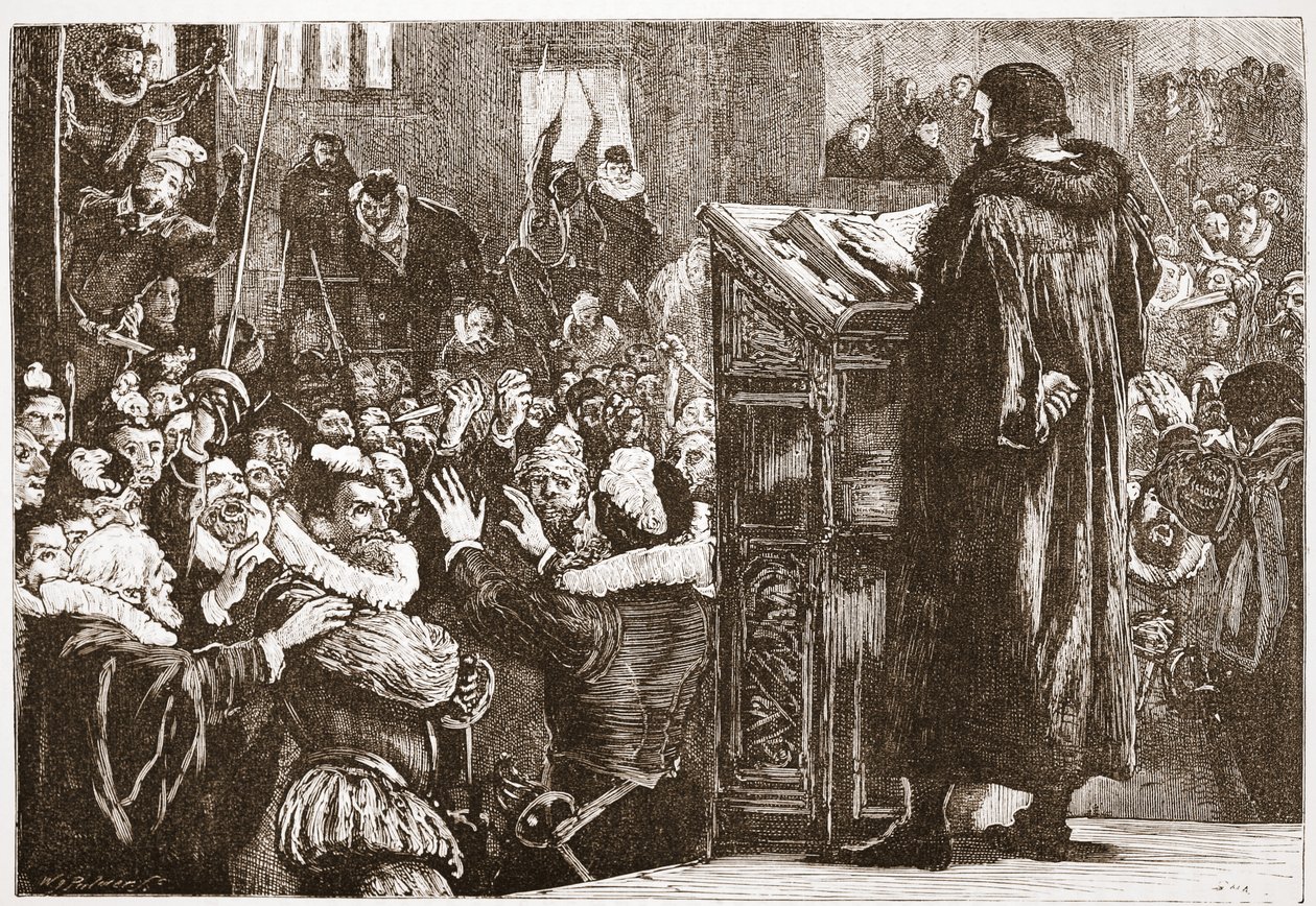 Calvino amenazado en la iglesia de Rive, ilustración de La Historia del Protestantismo de James Aitken Wylie, pub. 1878 de English School