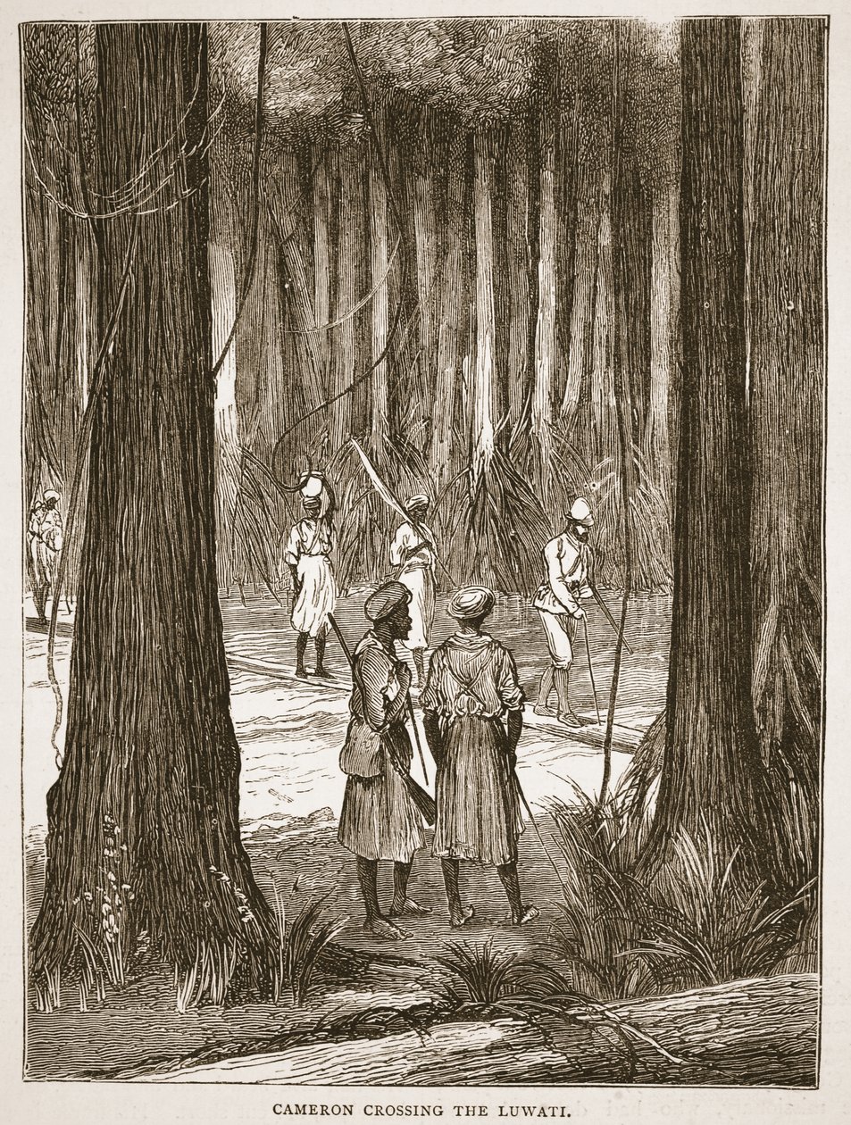 Cameron cruzando el Luwati, ilustración de The Pictorial Edition of the Life and Discoveries of David Livingstone por J. Ewing Richie, pub. por A. Fullarton & Co., 1876 de English School