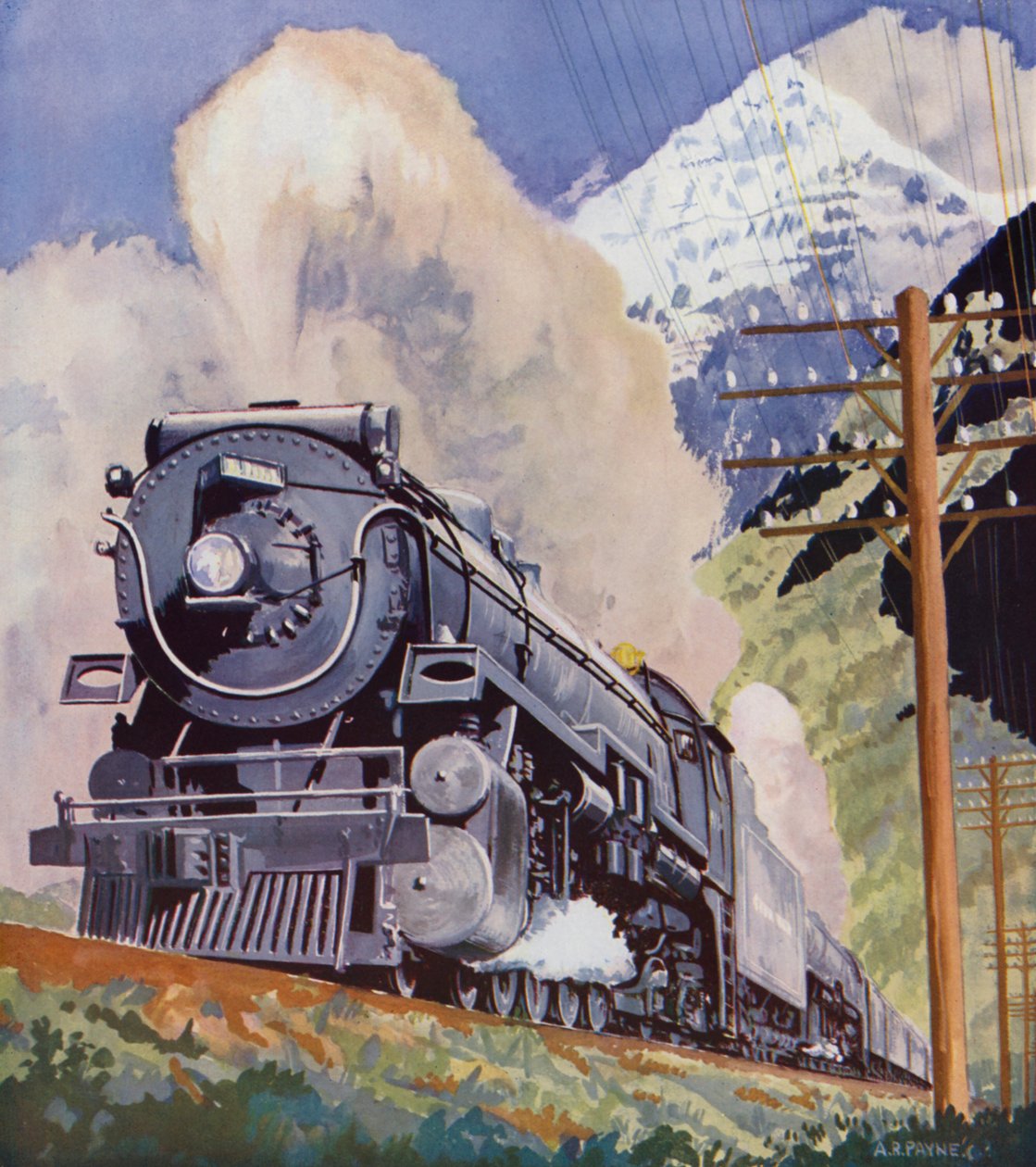 Canadian Pacific Railways "Dominion" en las Rocosas (litografía en color) de English School