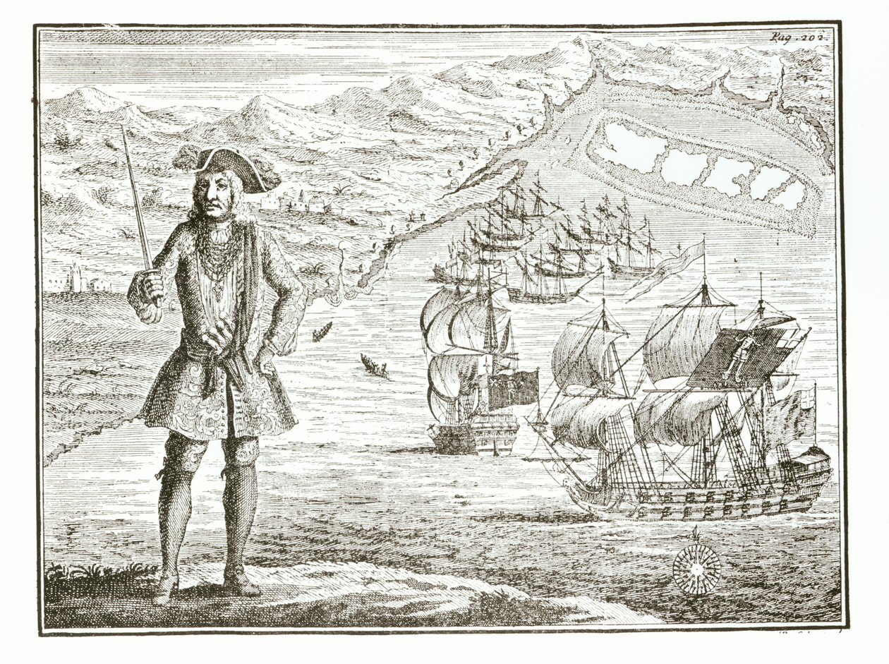 Capitán Bartholomew Roberts (1682-1722) con dos barcos, el Royal Fortune y Ranger zarpa en Whydah Road en la costa de Guinea, 11 de enero de 172? de Una historia general de los robos y muertes de los piratas más notorios de English School