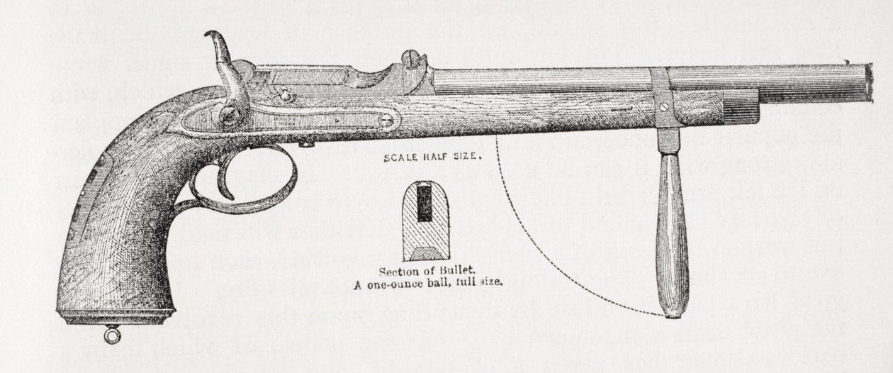 Pistola carabina del Capitán Burton y proyectil, de La vida del Capitán Sir Richard Burton, Volumen II por Isabel Burton (1831-96) publicado en 1893 de English School
