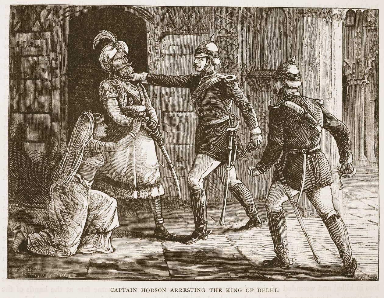 El Capitán Hodson arrestando al Rey de Delhi, ilustración de la Historia Ilustrada de Inglaterra de Cassell de English School