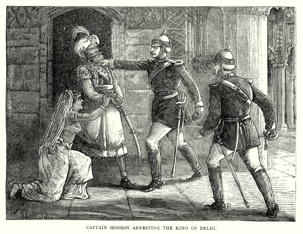 El capitán Hodson detiene al rey de Delhi (grabado) de English School