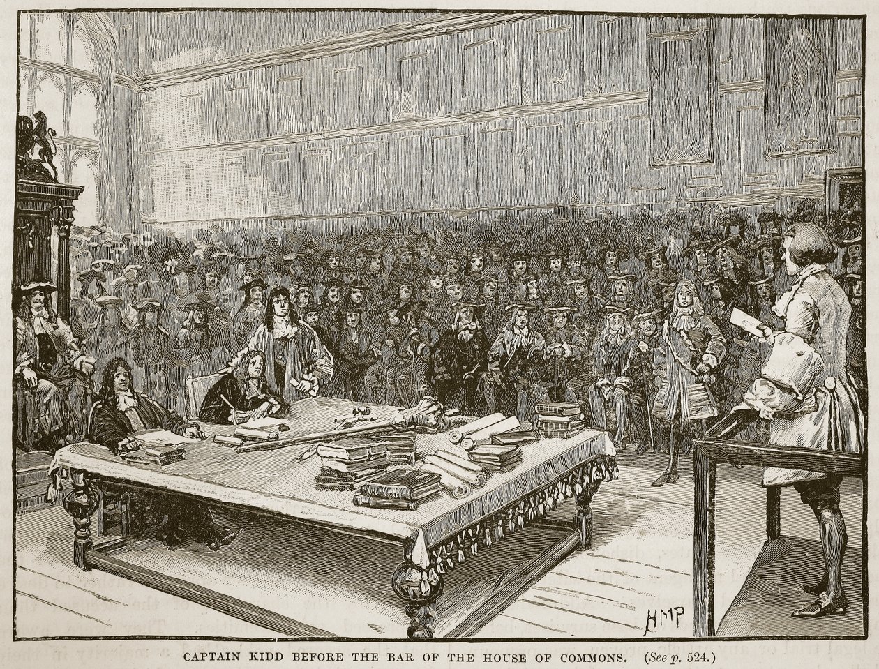 El Capitán Kidd ante el tribunal de la Cámara de los Comunes, ilustración de Cassells Illustrated History of England de English School
