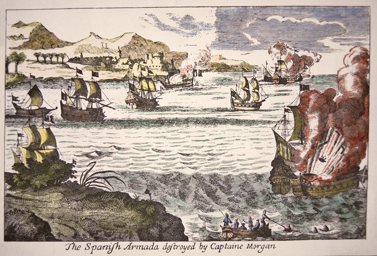 El Capitán Morgan derrota a los barcos de guerra españoles que bloquean la boca del Lago Maracaibo en 1669 de English School
