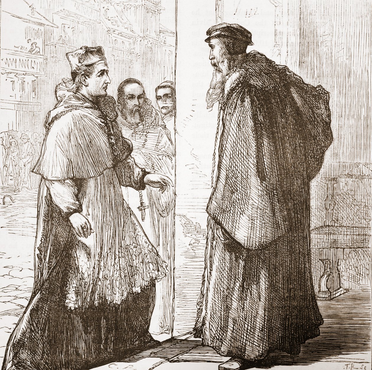 Cardenal Sadoleto visita a Calvino, ilustración de La Historia del Protestantismo de James Aitken Wylie, pub. 1878 de English School