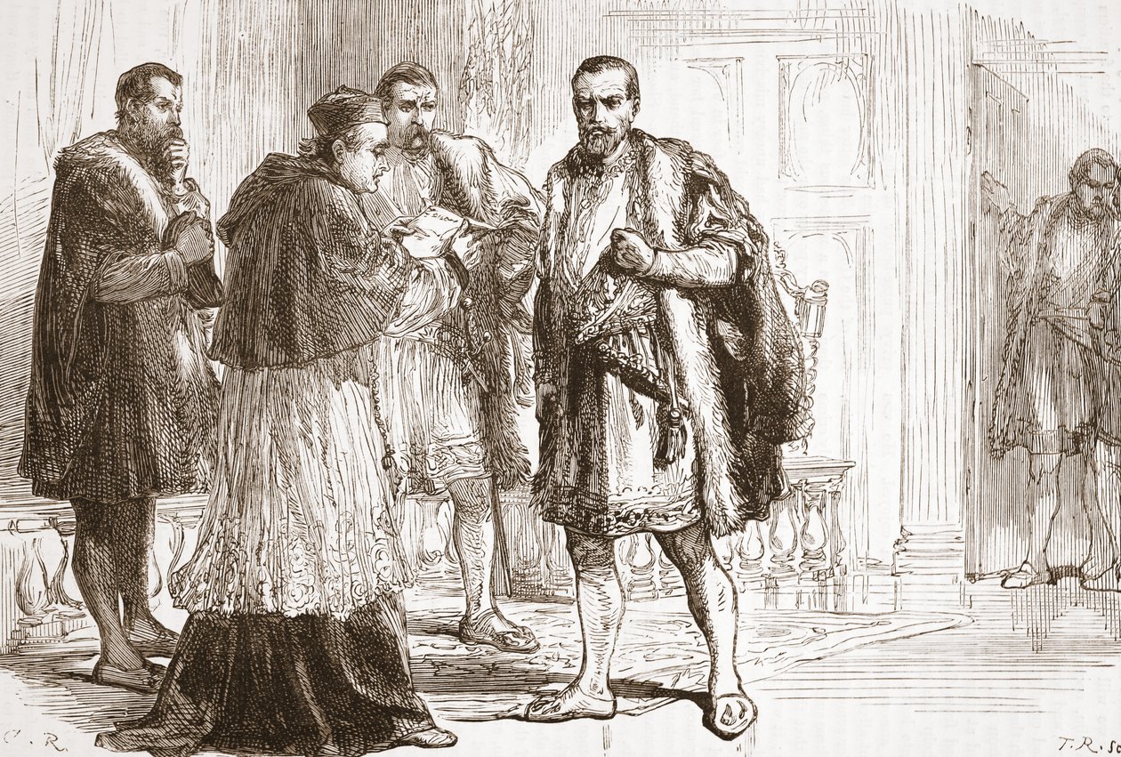 Cardenal de Tournon leyendo el cartel protestante a Francisco I, ilustración de La Historia del Protestantismo de James Aitken Wylie, pub. 1878 de English School
