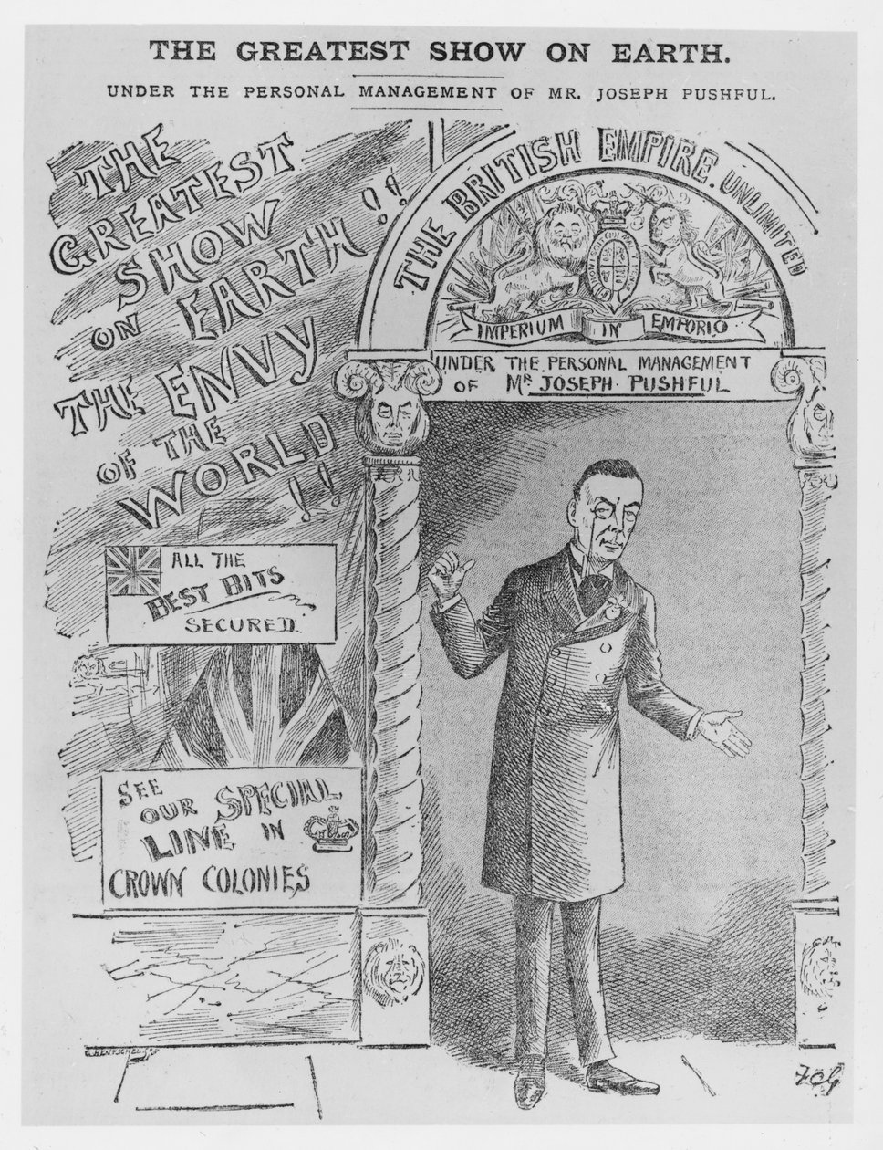 Caricatura de Joseph Chamberlain como Secretario Colonial, c.1900 de English School