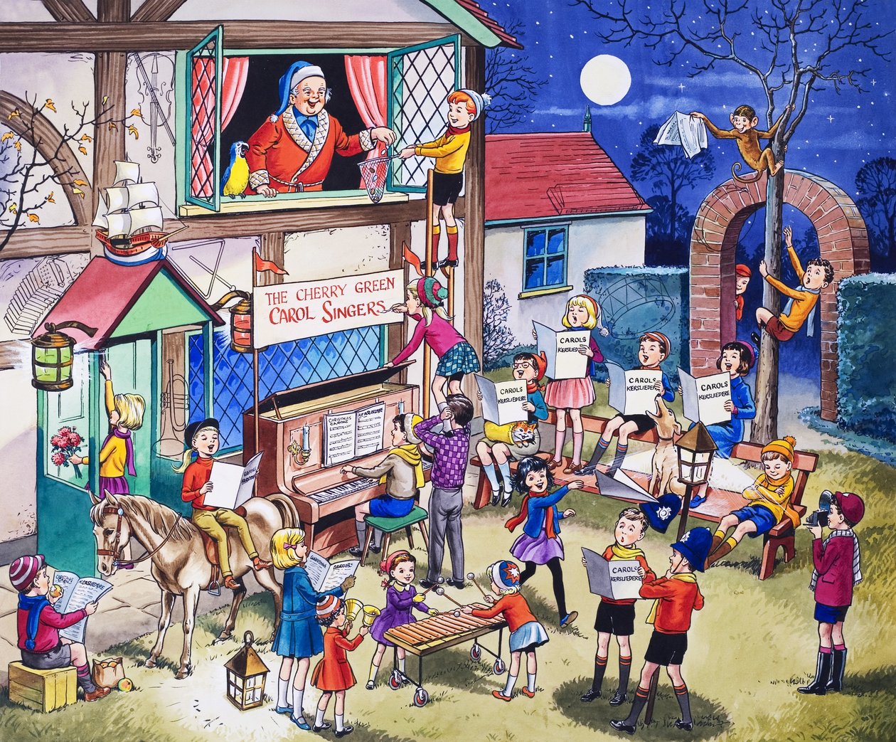 Cantantes de villancicos (gouache sobre papel) de English School