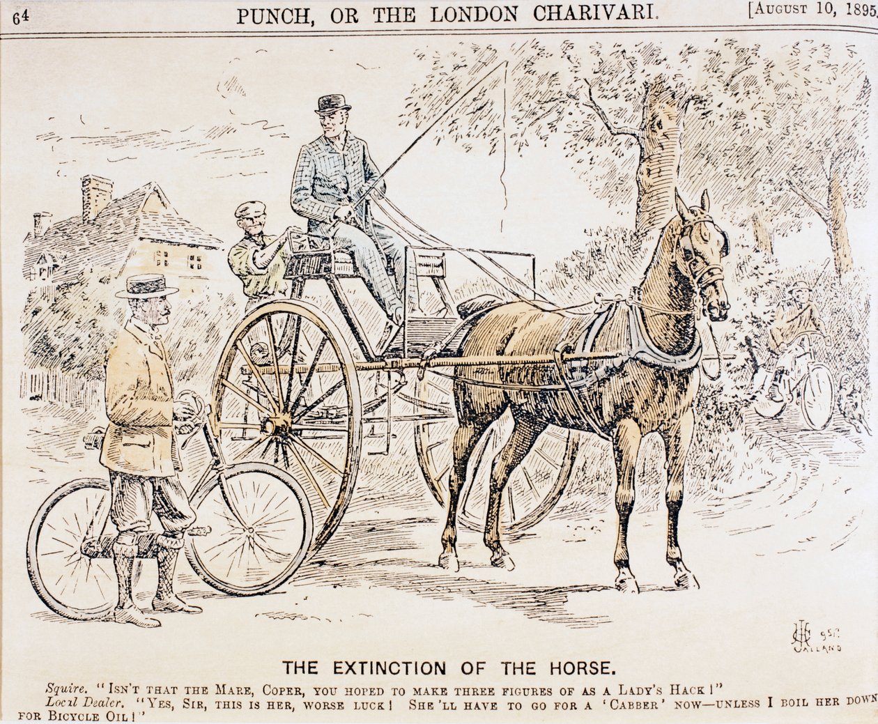 Caricatura sobre la llegada de bicicletas y transporte motorizado y el consecuente fin del tráfico de carruajes, de la revista Punch, 10 de agosto de 1895 de English School