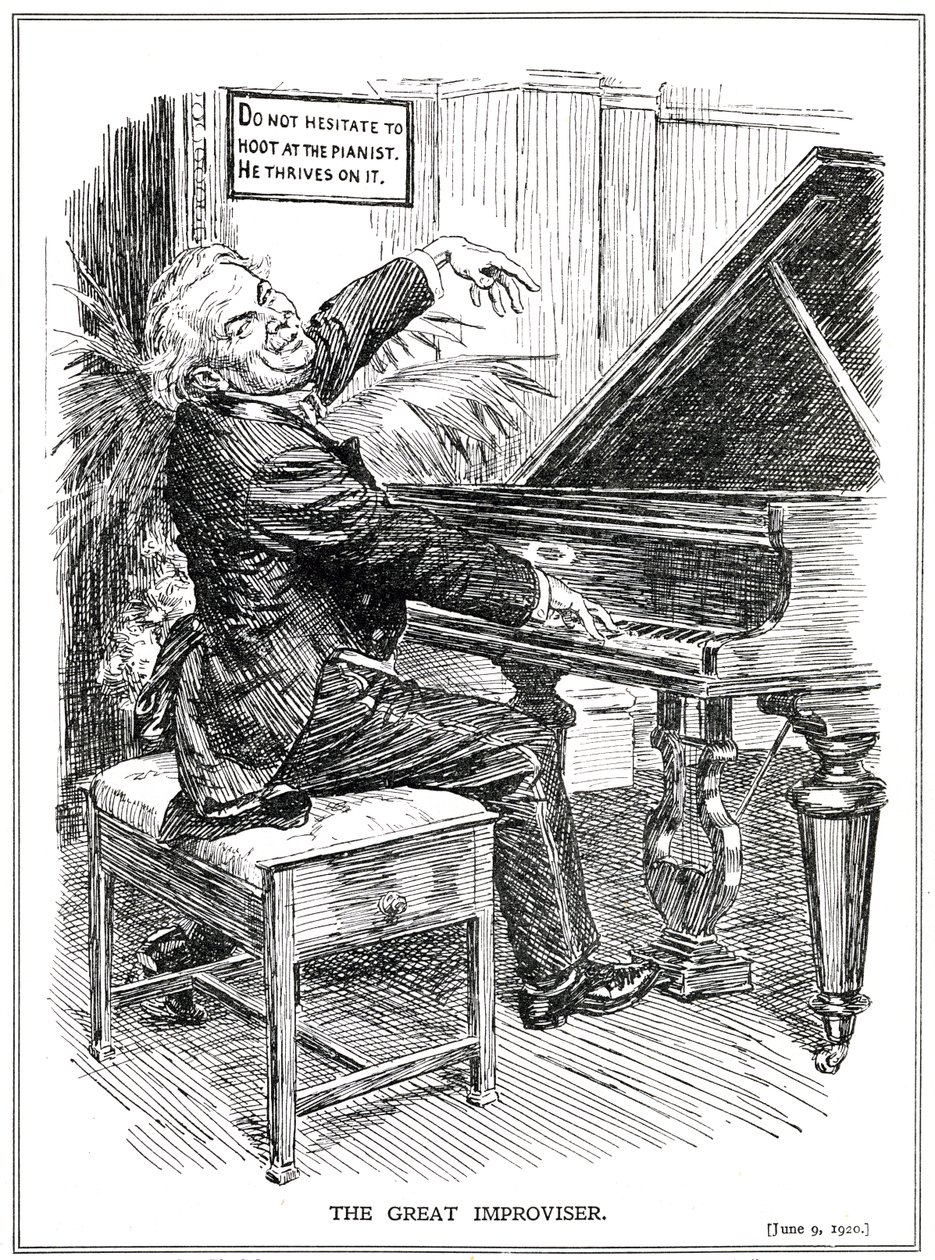 Caricatura satírica de Lloyd George como el Gran Improvisador o líder de los Improvisa-Tories, junio de 1920 de English School