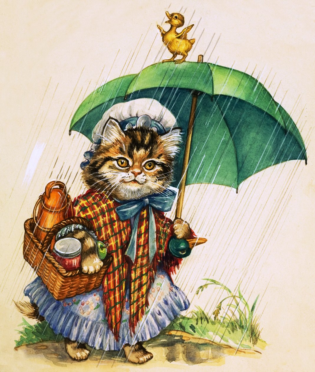 Gato con paraguas (gouache sobre papel) de English School