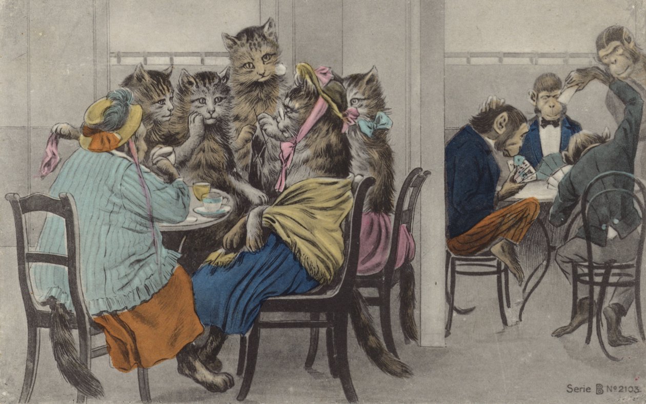 Gatos bebiendo té y monos jugando a las cartas (litografía en color) de English School