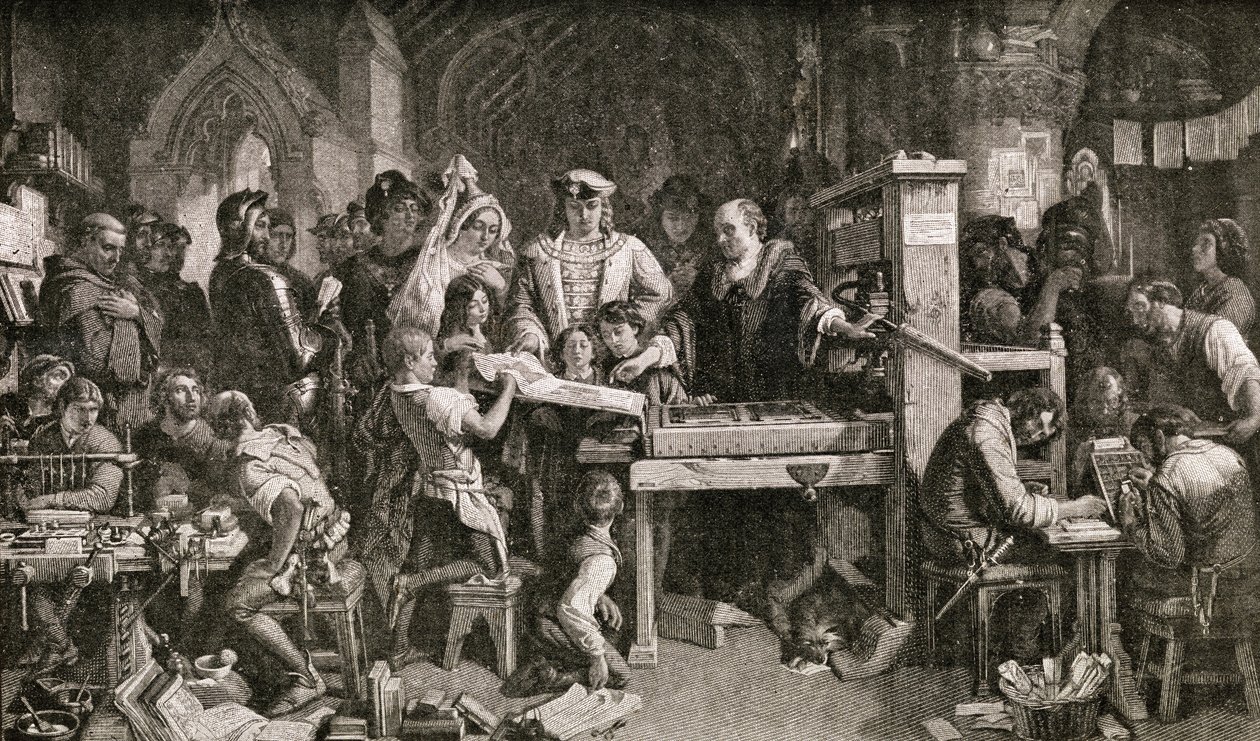 Caxton (c.1422-91) mostrando especímenes de su impresión al Rey Eduardo IV en el Almonry en Westminster, 1858 de English School