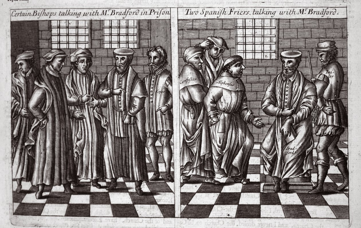 Ciertos obispos hablando con el Sr. Bradford en prisión, y dos frailes españoles hablando con el Sr. Bradford, ilustración de Hechos y Monumentos de John Foxe, novena edición, pub. 1684 de English School