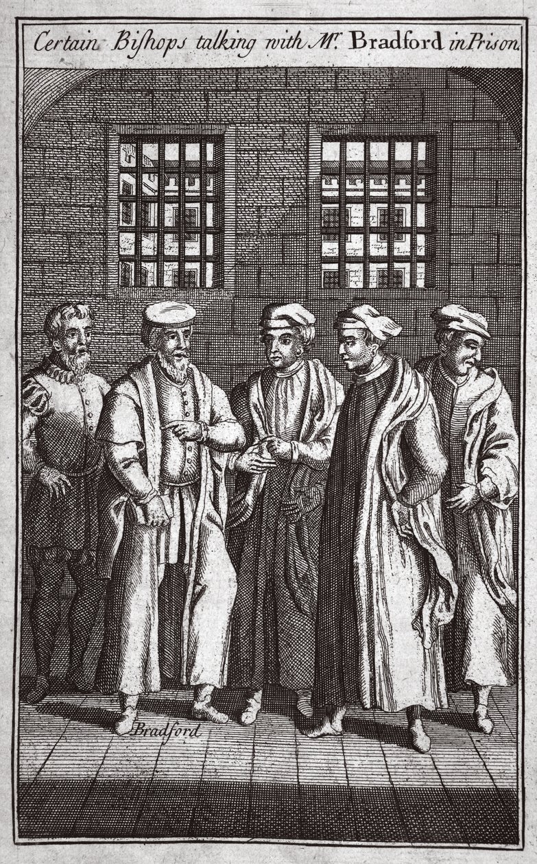 Ciertos obispos hablando con el Sr. Bradford en prisión, ilustración de Mártires de Fox c.1703 de English School