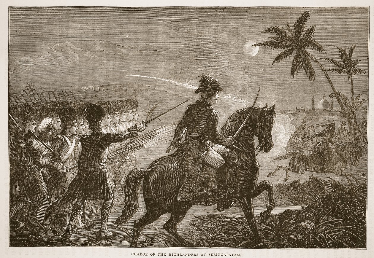Carga de los Highlanders en Seringapatam, ilustración de Cassells Illustrated History of India de James Grant, pub. 1879 de English School