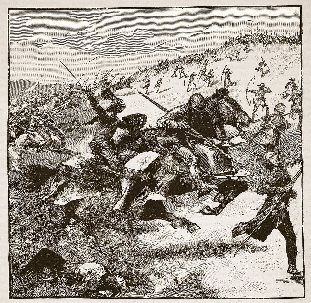 Carga de los escoceses en Homildon Hill, ilustración de Cassells Illustrated History of England de English School