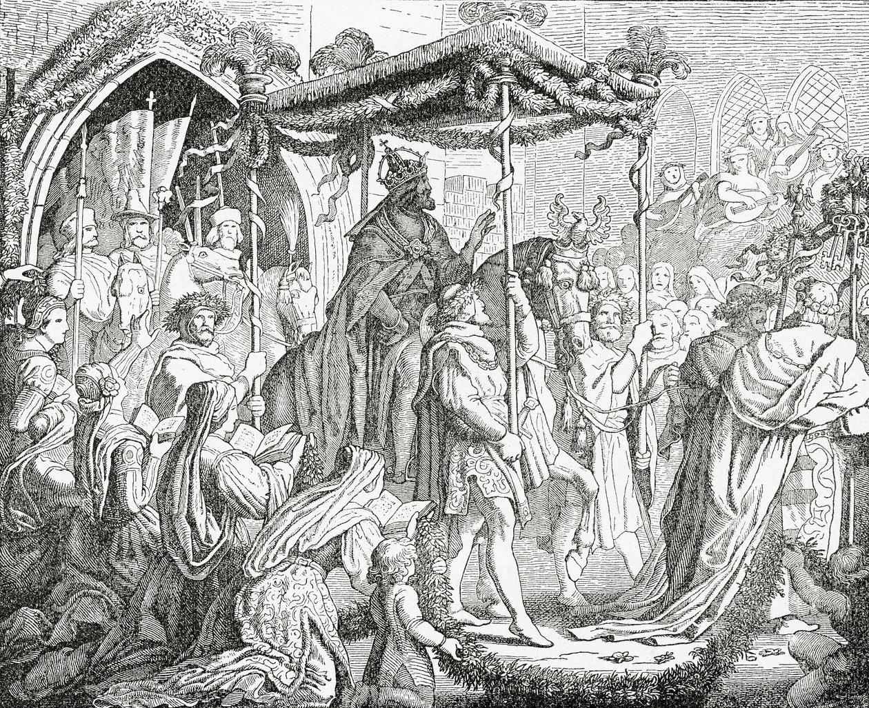 Carlos IV, emperador del Sacro Imperio Romano, visitando al papa Urbano V en Aviñón en 1365 de English School
