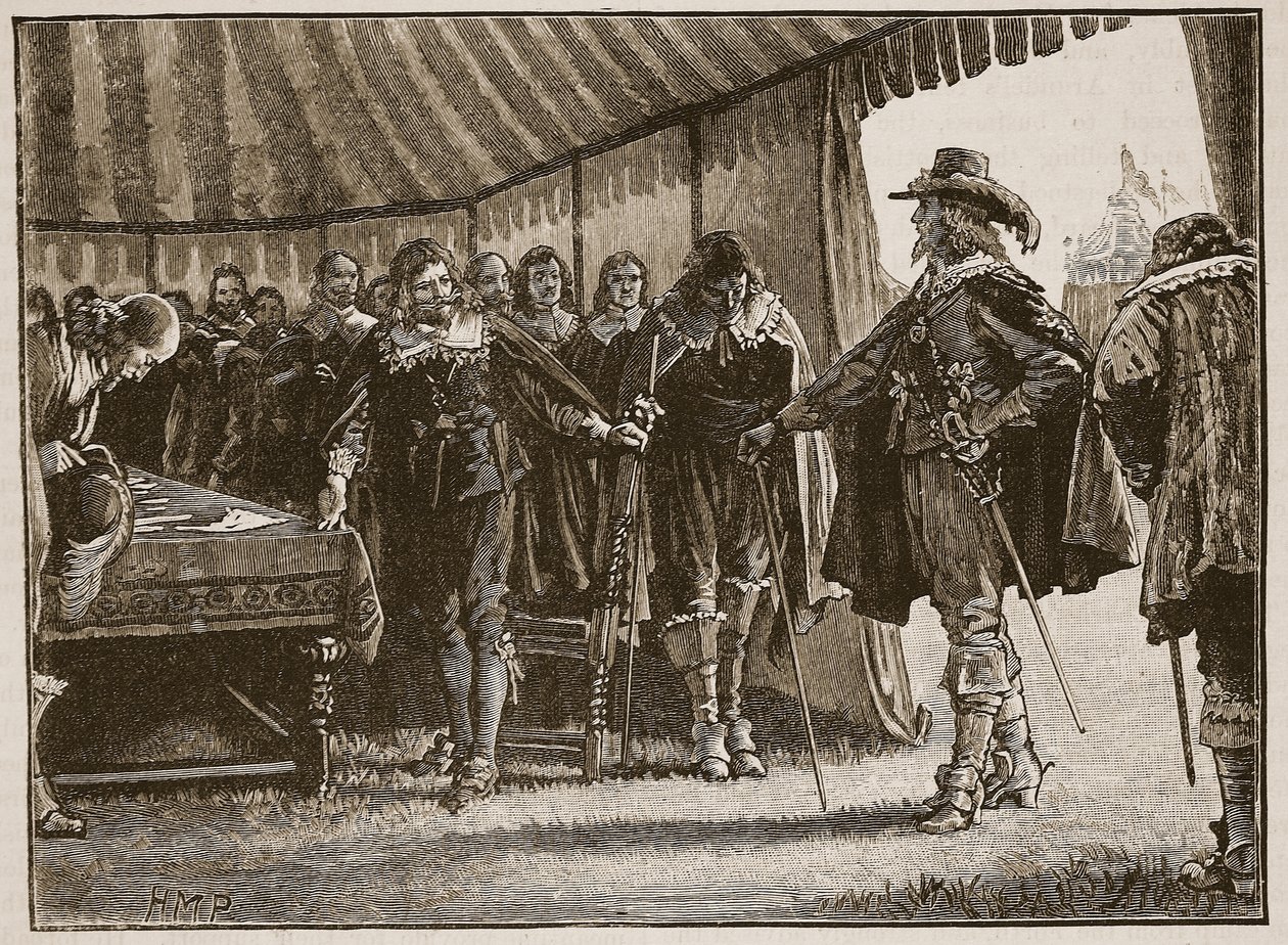 Carlos y los comisionados escoceses, ilustración de la Historia Ilustrada de Inglaterra de Cassell de English School