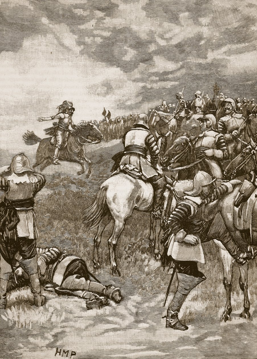 Carlos en la Batalla de Naseby, ilustración de Cassells Illustrated History of England de English School