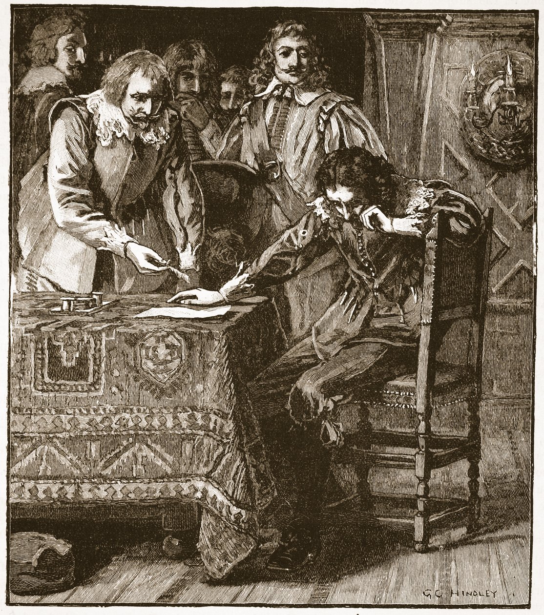 Carlos firmando la Comisión de Asentimiento a la Condena de Strafford, ilustración de la Historia Ilustrada de Inglaterra de Cassell de English School
