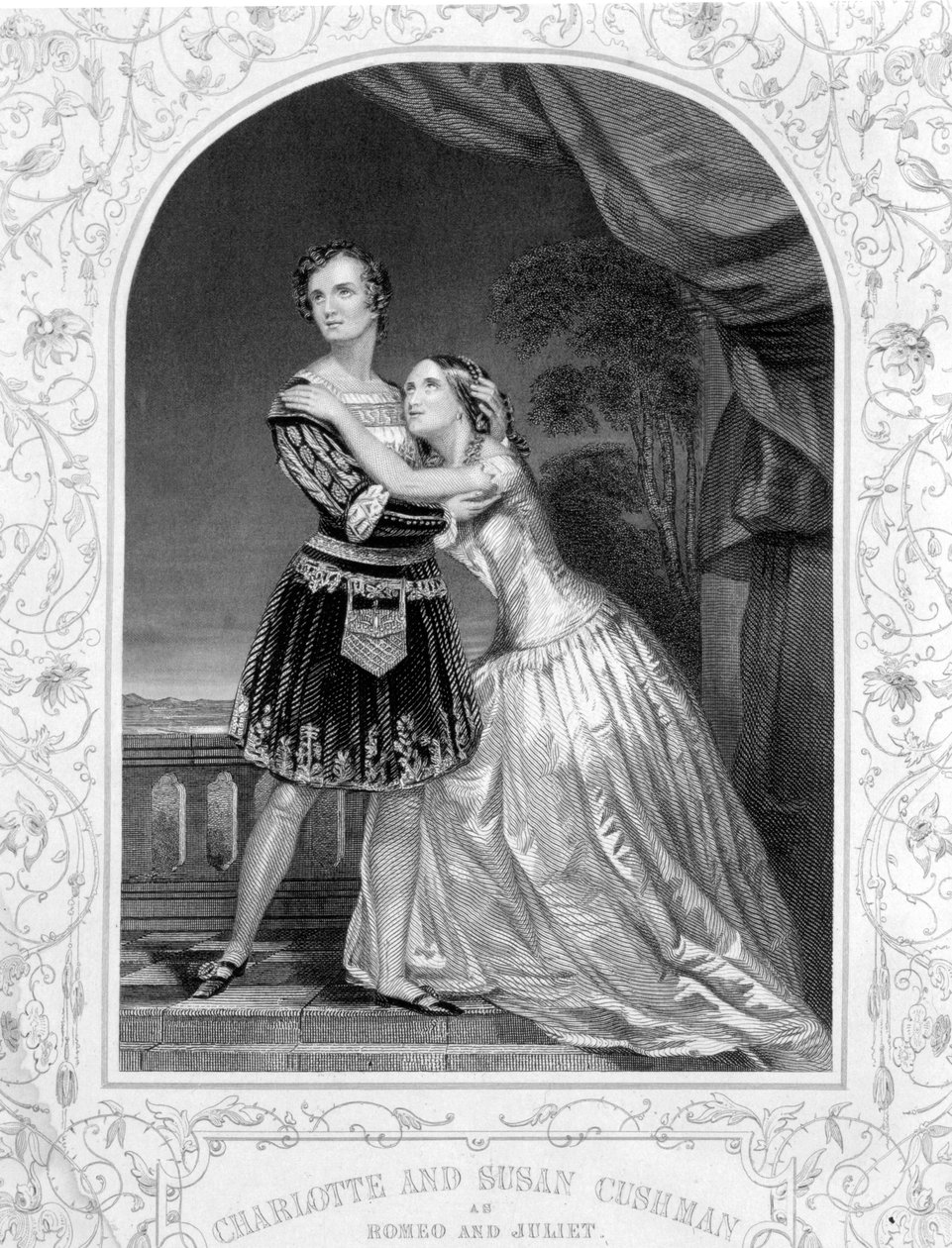 Charlotte y Susan Cushman como Romeo y Julieta, Acto III Escena 5 de Romeo y Julieta, de un daguerrotipo, pub. por John Tallis & Co. de English School