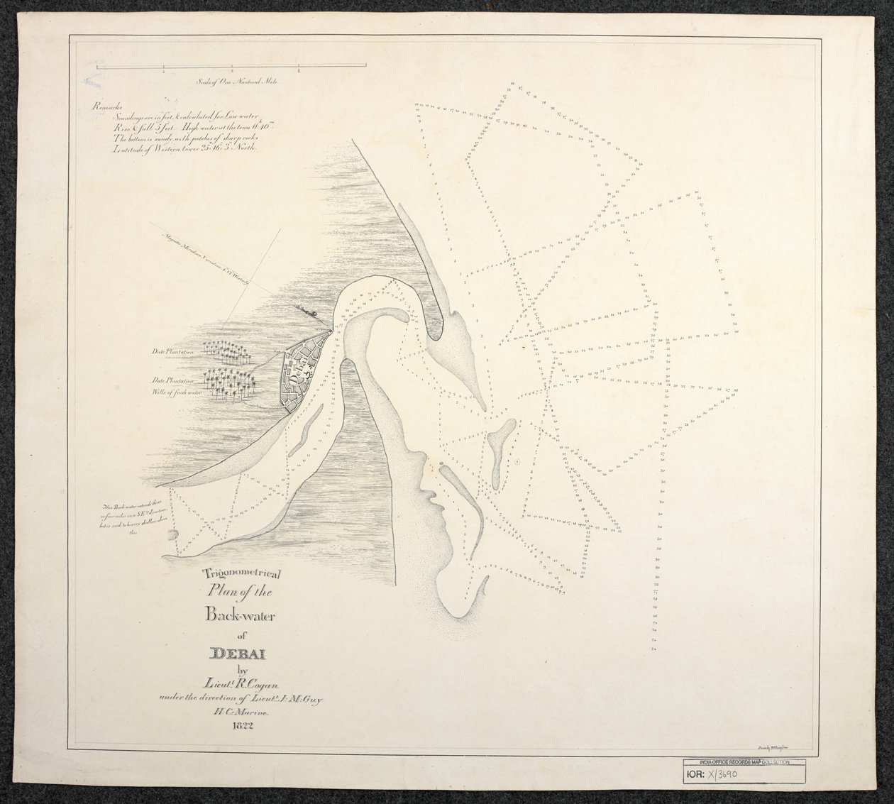 Carta de Dubai de 1822 realizada por topógrafos marinos de la Compañía Inglesa de las Indias Orientales, titulada Trigonometrical Plan of the Back-water of Debai por el teniente R. Cogan bajo la dirección del teniente J. M. Guy, H. C. Marine. de English School