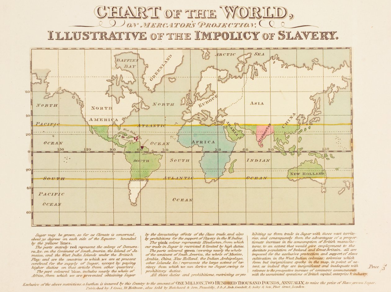 Mapa del Mundo, en la Proyección de Mercator, Ilustrativo de la Impolítica de la Esclavitud de English School