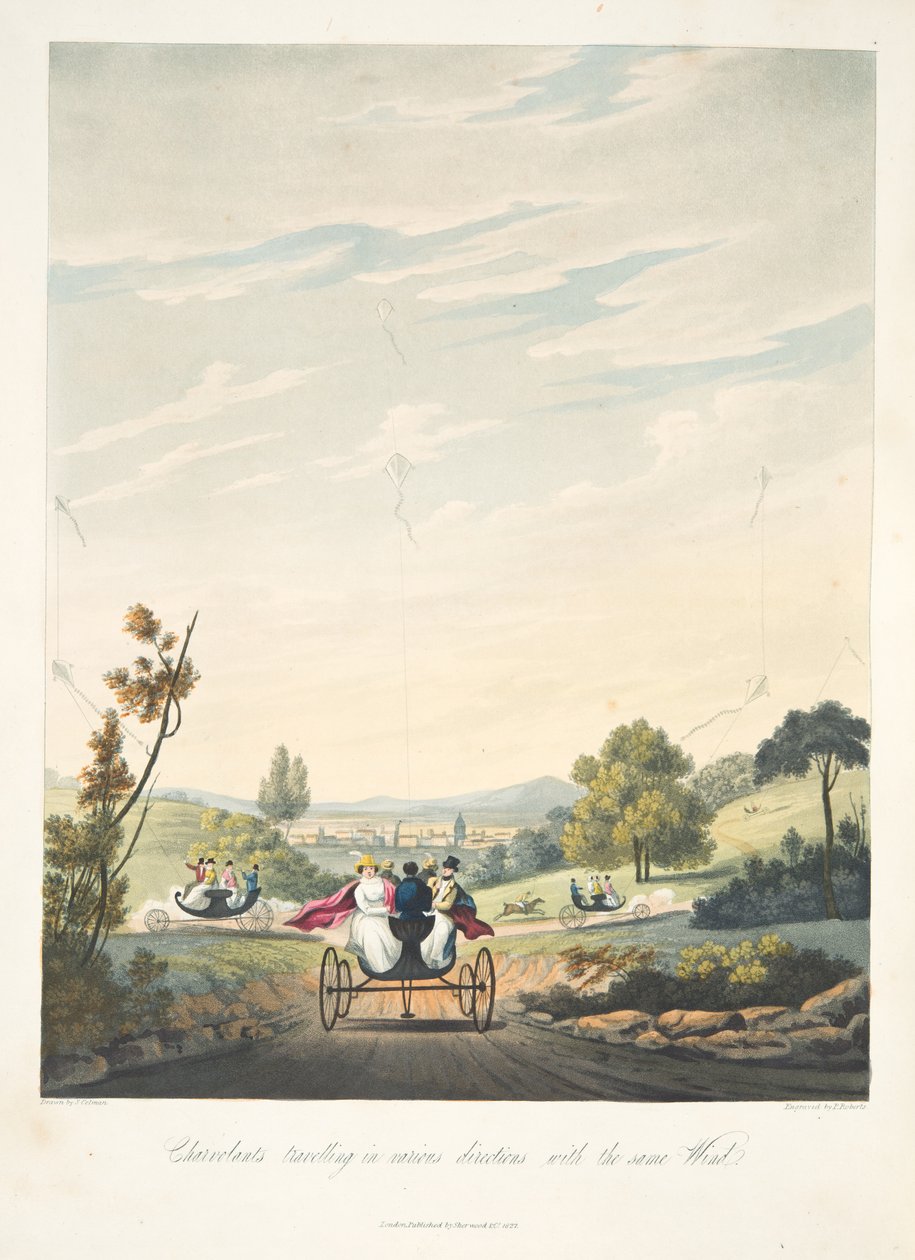 Chervolants viajando en varias direcciones con el mismo viento, de "El Arte Aeroplústico, o Navegación en el Aire, por el Uso de Cometas, o Velas Flotantes, pub. 1827 de English School